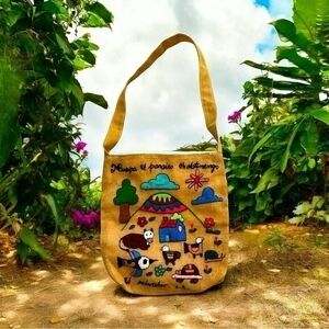 Unique Hand Embroidered Canvas Tote Bag Artisan Shoulder Purse Multicolor NWOT